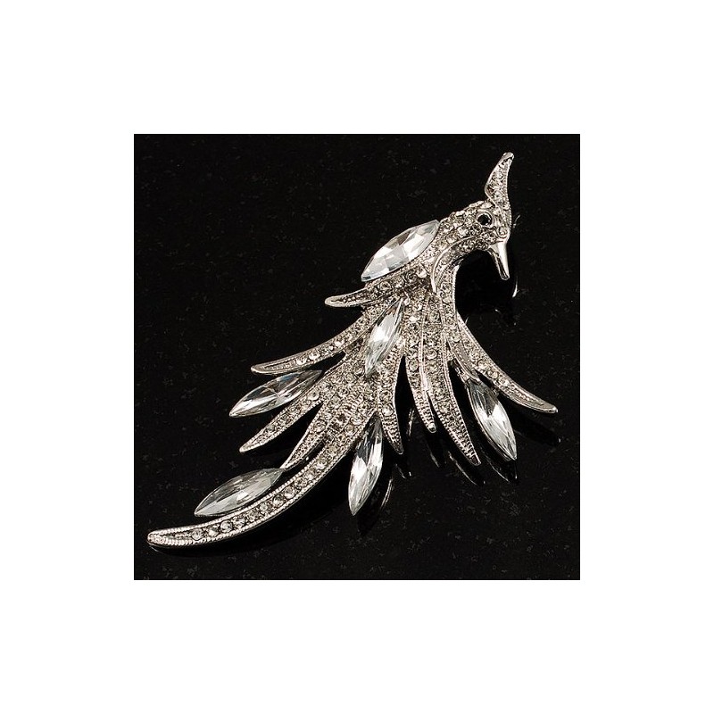 Sparkling Crystal Fire-Bird Brooch (Silver Tone)