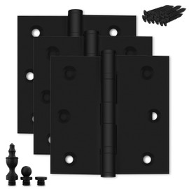 Finsbury Hardware Black Door Hinge Matte Black Ball Bearing 3x3 Inch Heavy Duty with Decorative Screw-on Tips Included - Set of 3 Solid Brass Matte Black Door Hinges (Flat Black)