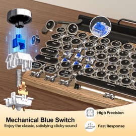 Retro Typewriter Wireless Mechanical Gaming Keyboard, Bluetooth 5.0 Office Computer Vintage Keyboards 83-Key Blue Switches Punk Round Keycap, LED Backlight, Compatible with PC/Laptop/Pad/Phone, Wood