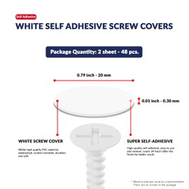 White Self-Adhesive Screw Hole Stickers - 48 pcs. 0.79 inch / 20 mm Peel Stick Dust Proof Tape, Water Resistance PVC Caps for Wood Cabinets, Furniture, Drawer, Wardrobe, Kitchen, Table