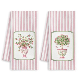 Pink Chinoiserie Floral Kitchen Towels, Grandmillennial Flower Dish Tea Towels, Cottagecore Botanical Striped Decorative Hand Towel for Kitchen Bathroom, 16x24 Inch Set of 2