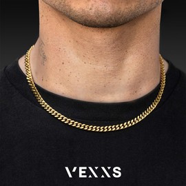 VEXXS Gold Chain Men's 5/7 mm, Cuban Link Chain Made of 18 K Gold/White Gold Plated Stainless Steel Curb Chain for Men Men Jewellery Gift 46-66 cm, Gold