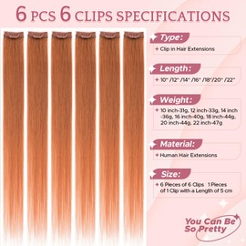 SEGOHAIR Clip in Hair Extensions Real Human Hair 6Pcs Copper Double Weft Hairpieces Straight Highlights Hair Extensions Clip in Seamless 12inch 33g