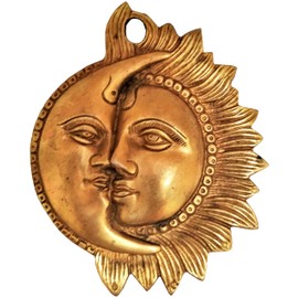 Purpledip Brass Wall Hanging 'Celestial Yin-Yang': Sun-Moon Decor Statue (11561)