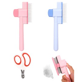 FAMULP 3 Pcs Pet Flea Comb Set, Self Cleaning Pet Comb with Stainless Steel Teeth, Flea Brush for Cat & Dogs with Scissors