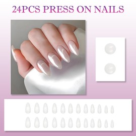 24PCS White Aurora Press on Nails, Almond Shape Glossy False Nails with Accessory Tools, Reusable Stick-on for Women, Multi Sizes for DIY Art, Glamorous & Long-lasting
