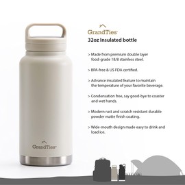 GRANDTIES 2 Lids Sports Stainless Steel Water Bottles – Wide Mouth Vacuum Insulated Reusable Leak Proof BPA-Free Travel Metal Canteen, Thermos Bottles for Men Women Gym (Ivory White 32 oz) | GRANDTIES