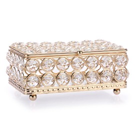 ELLDOO Crystal Jewelry Box Rectangle Trinket Organizer Earrings Rings Box Treasure Box Home Decor Accent Decorative Box with Lid for Valentine Wedding Christmas Birthday Gift, Gold, Small