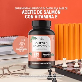 LIFE 360+ Omega 3 | 360 Cápsulas | Aceite de Salmón con DHA y EPA Vitamina E | Ingredientes como Omega 3 Salmon Oil