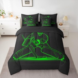 Erosebridal Ice Hockey Sticks 7 Piece Bedding Set Full Athlete Silhouette Comforter Set with Sheets Hockey Puck Bed in a Bag Green Black for Kids Boys Adult Men