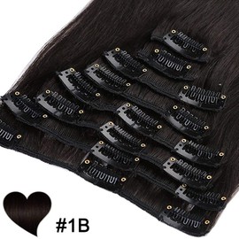 Elailite Clip in Hair Extensions Real Human Hair Remy Hair Full Head - 8 Pcs Invisible Thin Weft - #1B Natural Black - 12 Inch (55 g)