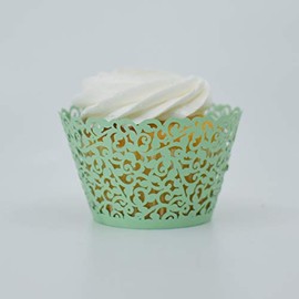 Bakell - Laser Cut Cupcake Wrappers (25pcs, Standard Size) Grease Resistant Wrappers for Desserts, Baking, Caking and Decorating (Sea Foam Green Vine Lace)