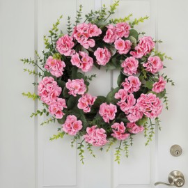 KuiMen Artificial Geranium Wreath, 22 Inch Spring Summer Wreaths for Front Door with Blessed Hanging Sign, for Rustic Farmhouse Entryway Porch Balcony Decor(Cherry Pink)