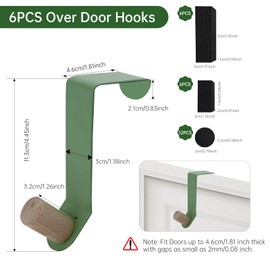 Pack of 6 robust reversible door hooks for hanging, 46 mm hooks for hanging over the drawer, universal, door coat rack with sponges pads, metal hooks over the cabinet for wreaths, jackets