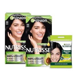 Kit Garnier Nutrisse de Coloración Tono 10 Ébano Negro + Retocador de Raíz 1.0, Tinte Permanente con 3 Aceites Nutritivos, 100% Cobertura de Canas y Resultado Impecable en 15 Minutos