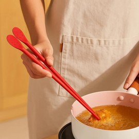Reusable 12" Long Silicone Cooking Chopstick with Spoon & Band – Non-Slip, Stainless Steel Core, Non-Scratch Utensil for Tempura, Frying, Hot Pot, BPA-Free, Dishwasher Safe, Made in Korea ( Red )