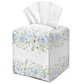 Blue Floral Leather Tissue Box Cover Square Watercolor Decorative Tissue Holder for Bathroom Home Office Gifts for Women Girls Sister Bestie Daughter Housewarming Christmas Birthday Gifts - DH549