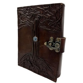 Keskin Premium Handmade Leather Notebook with & Natural Stones, 20 x 15 cm, for Diary, Personal Note-Taking, Writing & Sketching (Tree with Evil Eye Stone)