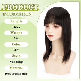 Lovenea 13x15cm Human Hair Topper with Bangs 14 Inch Straight Human Hair Silk Base 130% Density Clip In Toppers Hairpieces for Women With Hair Loss Thinning Hair Natural Black (1B#, 14 Inch)