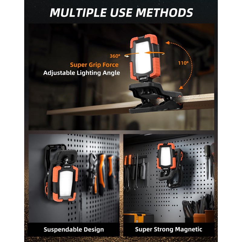 Anylight LED Rechargeable Work Light with Clamp,1600LM Magnetic Clip Work