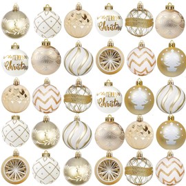 30 Piece Christmas Ornaments Christmas Decoration Set Red Green,6cm Plastic Christmas Tree Ornaments Box with Hanger Christmas Tree Ornaments Plastic Breakproof, Christmas Tree Ornaments (White Gold)