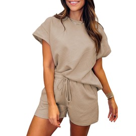 Famulily Women's Tracksuits Summer Cap Sleeve Tops and High Waist Shorts Set, Ladies Travel 2 Piece Outfits Sets Going Out Leisure Suits Loungewear (L, Khaki)