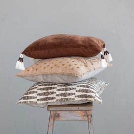 Creative Co-Op Cotton Slub Throw Geometric Embroidery and Fringe, Brown Pillow