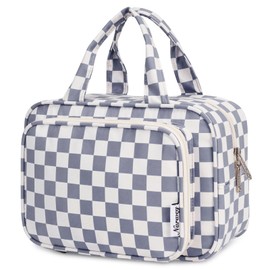 Narwey Full Size Toiletry Bag Large Makeup Bag Organizer Travel Cosmetic Bag for Women and Men (Grayish Blue Checkerboard)