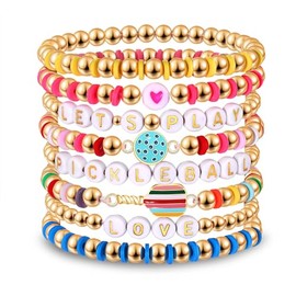 boderier Pickleball Bracelets Stackable Heishi Beaded Pickleball Paddle Stretch Bracelets Game Day Pickleball Friendship Bracelet Sports Fan Gifts for Women (Colorful)