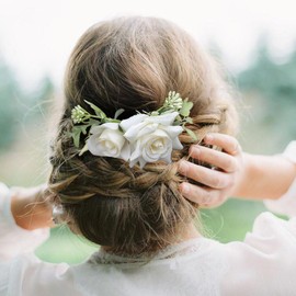 Fangsen Silver Rose Buds Floral Hair Comb Bridal Floral Hair Headpiece Wedding Hair Accessories for Flower Girl Brides and Bridesmaids (White)