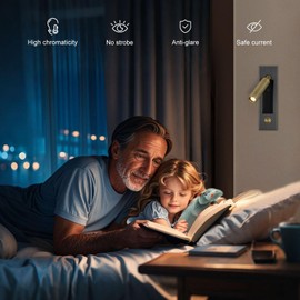 YFMYY LED Bedroom Lamp Headboard Wall Light Sconce, Bedside Reading Light Recessed Push Switch Wall Lamps, Hotel Bed Side Decorative Wall Sconces Spotlight, 360° Rotatable 92° Foldable (Brass+Black)