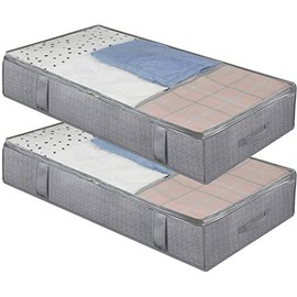 Onlyeasy Large Underbed Storage Bags Organizer Container (2 Pack) with 4 Handles and 2 Sturdy Zippers, Blankets Clothes Comforters Foldable Storage Bags with Clear Window, Herringbone Grey, MXRUBBP2