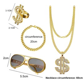 aqlbhz 4pcs Fake Gold Chain Gold Chain Fancy Dress Hip Hop Costume Kit 90s Fancy Dress Dollar Sign Necklace 90s Fancy Dress Costumes