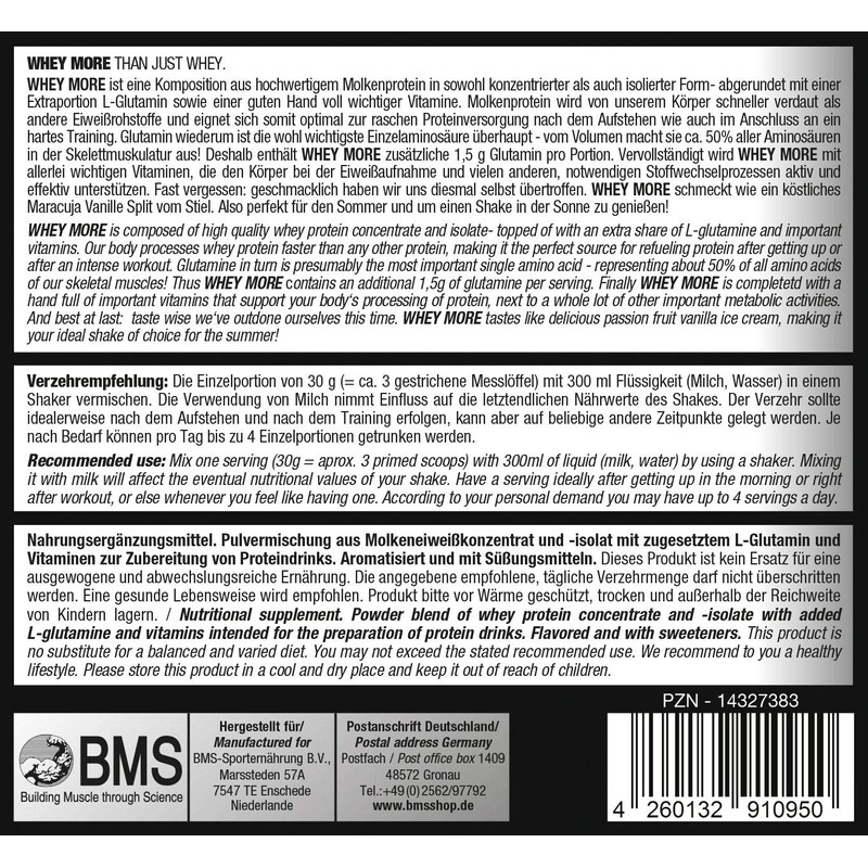 BMS Whey More 1000 g Tin Passion Fruit Vanilla Split