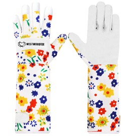 WESTWOOD FOX Leather Gardening Gloves Long Forearm Protection Sleeves Thorn Proof Work Gloves Rose Pruning Garden Safety Breathable Durable Thick Palm Gauntlet Gift for Men and Women (White, S)