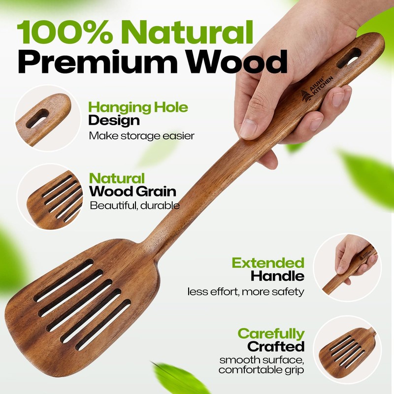 AIUHI Natural Teak Slotted Spatula, Ergonomic Long Handle Cook Spatula,
