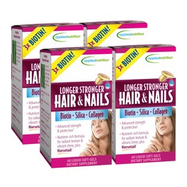 Applied Nutrition Longer Stronger Hair & Nails - 60 Liquid Soft-Gels, Pack of 4 - with Biotin, Silica & Collagen - 30 Servings