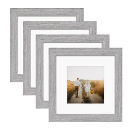 KINLINK Square 6x6 Picture Frames Grey, Solid Wood Frames with Acrylic Plexiglass for Multiple Photos 4x4 With Mat Tabletop and Wall Mounting Display Frame Set of 4