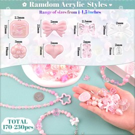 170-230PCS Pink Assorted Acrylic Beads for Bracelet Making, Flower Bow Butterfly Candy Star Heart GummyBear Kawaii Bracelet Charms,Cute Beads for Jewelry Making DIY Necklace Keychain Phone Charms
