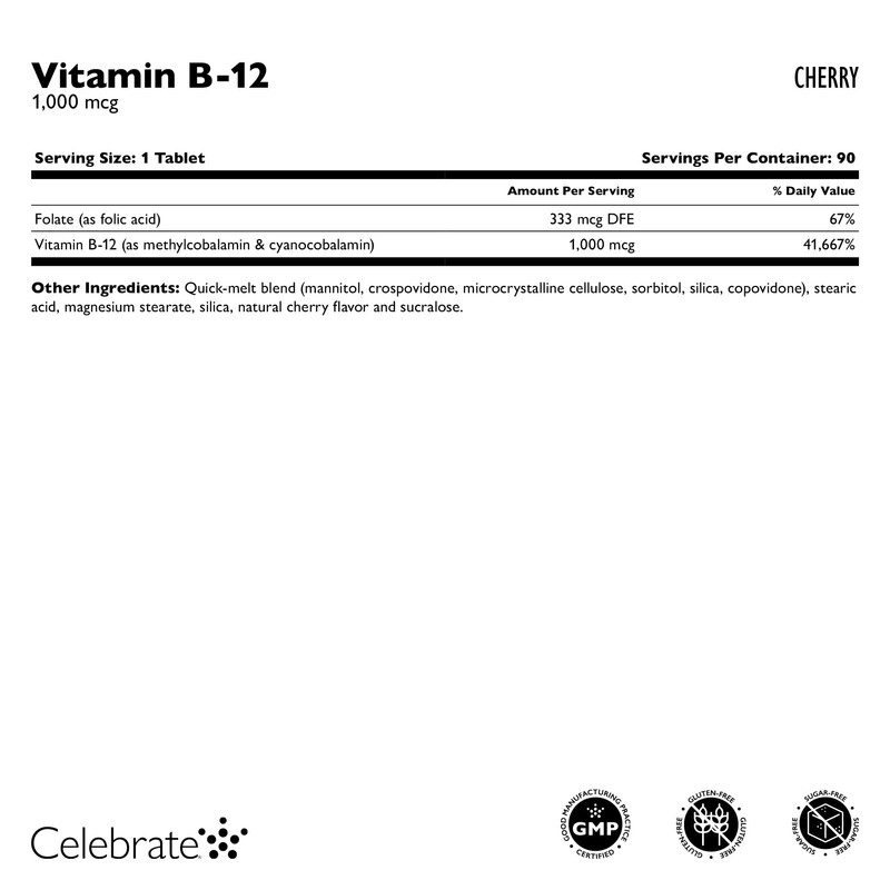 Celebrate Vitamins Vitamin B-12 Quick Melt Tablets, Cherry, 1000 mcg