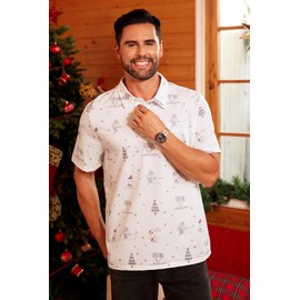 Men's Funny Christmas Polo Xmas Hawaiian Golf Polo White Graphic Aloha Holiday Santa Button Golf Shirts M