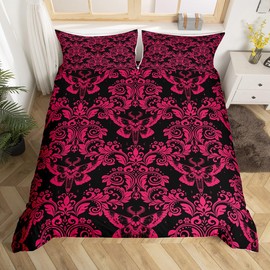 Feelyou Adults Pink Vintage Damask Floral Bedding Set Oriental Antique Comforter Cover Set Twin Size, Gothic Bohemia Boho Flower Duvet Cover Gothic Skull Bedspread Cover 2Pcs
