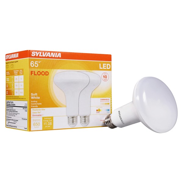 SYLVANIA LED Flood BR30 Light Bulb, 65W Equivalent Efficient 9W, 10 Year, 650 Lumens, Dimmable, 2700K, Soft White - 2 pack (73954)