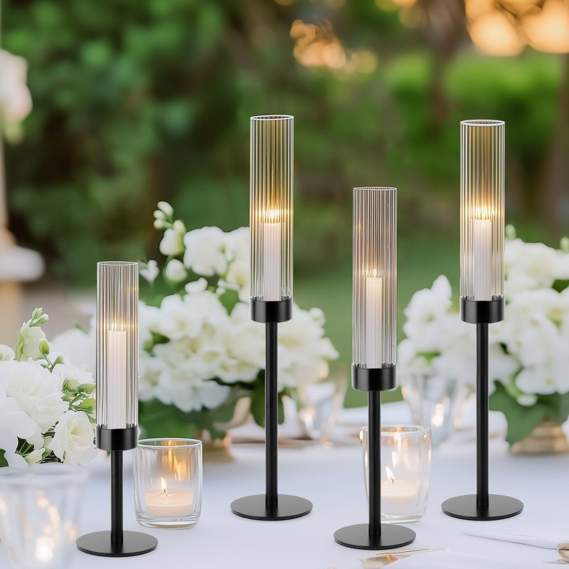 Black Hurricane Candle Holders, Set of 6 Glass Taper Candlestick
