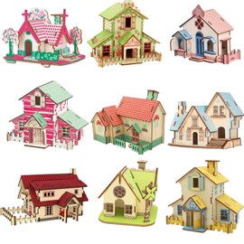 9 Piece Set 3D Wooden Puzzle for Adults 3D Wooden House Brain Teaser Puzzle DIY Assembly Cottage Building Model Kits Log Cabin Model