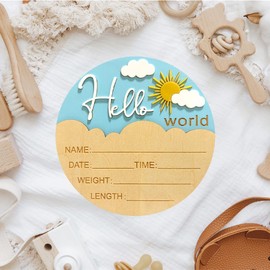 Cuvstvo Baby Announcement Sign Hello World Newborn Birth Sign Wooden Newborn Photography Props Baby Shower Hospital Nursery 5.9 Inch (Sun White)