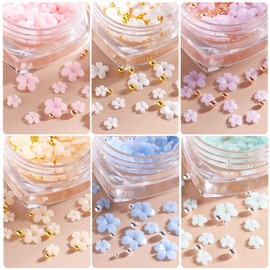 6 Boxes 3D Flower Nail Art Charms Light Change Nail Decals for Acrylic Nail Art Accessories with Pearl Golden Caviar Beads Glitter Nail Supplies Stud Design Jewelry Women DIY Decoration Tips