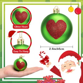 VercanMonth 24 Pcs Lime Green Christmas Ball Ornaments Elf Christmas Tree Balls Ornaments 2.4 Inch Red Heart Glittering Green Christmas Ball Hanging Ornaments for Xmas Tree Decorations Parties
