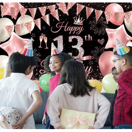 Happy 13th Birthday Banner Rose Gold Birthday Party Decoration Backdrop, 13th Birthday Poster Fabric Banner Photography Background for Girls Women, 110 x 180 cm (Black Rose 13th)