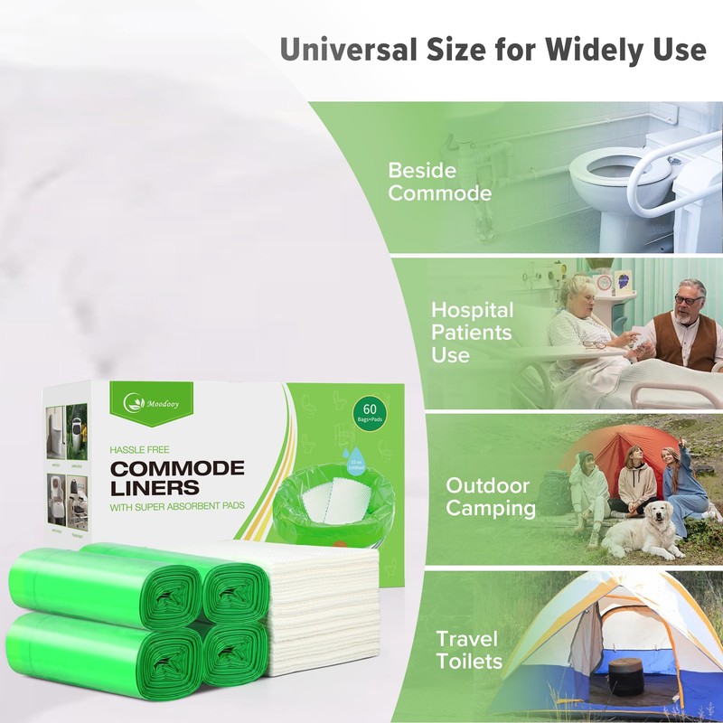 Moodooy Commode Liners With Absorbent Pads -120 Bedside Commode Liners